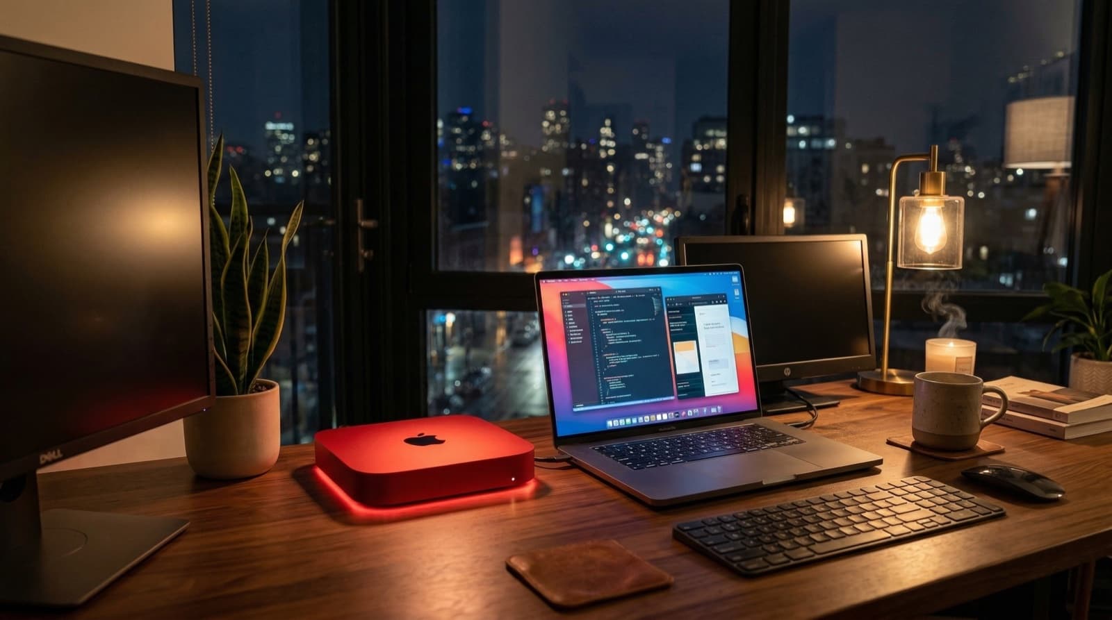 AM on a professional night desk setup — red Mac Mini glowing beside the laptop