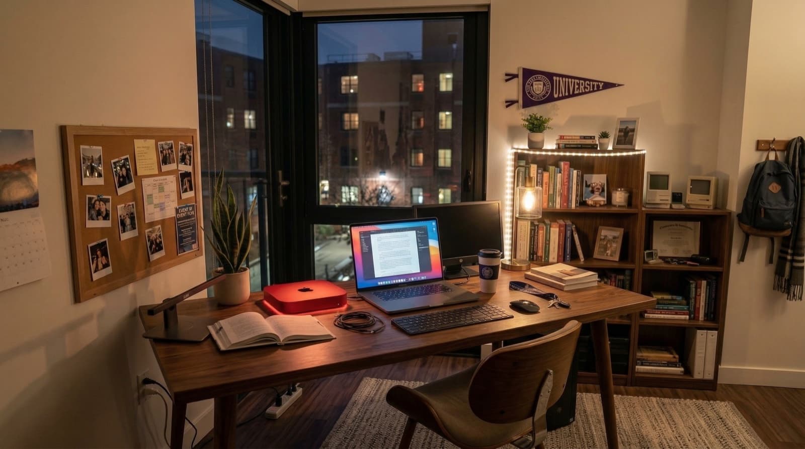 AM in a cozy bedroom — red Mac Mini always on, city lights outside