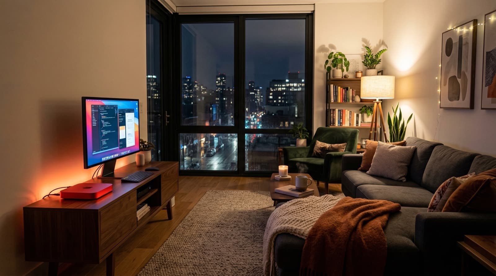 AM in your home — the red Mac Mini on the shelf, always on