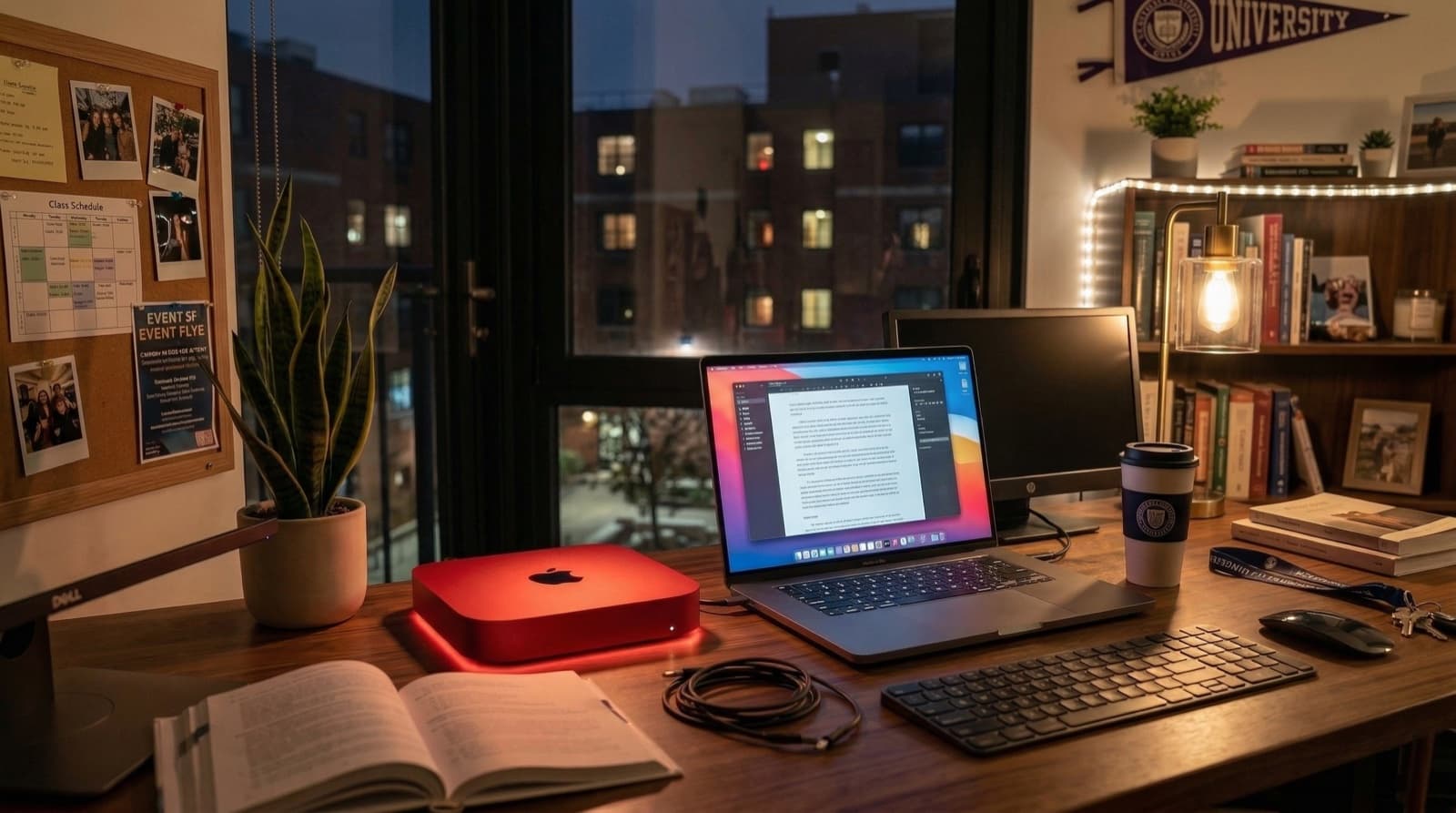 AM in a student dorm — red Mac Mini running beside notes and textbooks